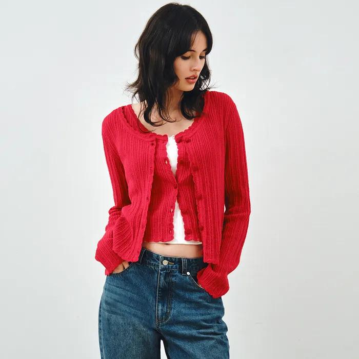 [SET] 펀칭 니트 가디건 & 슬리브리스 레드 MDCD059RED