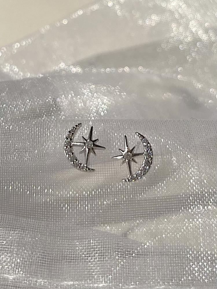 [실버925] 크레센트 문 앤 스타 큐빅 귀걸이