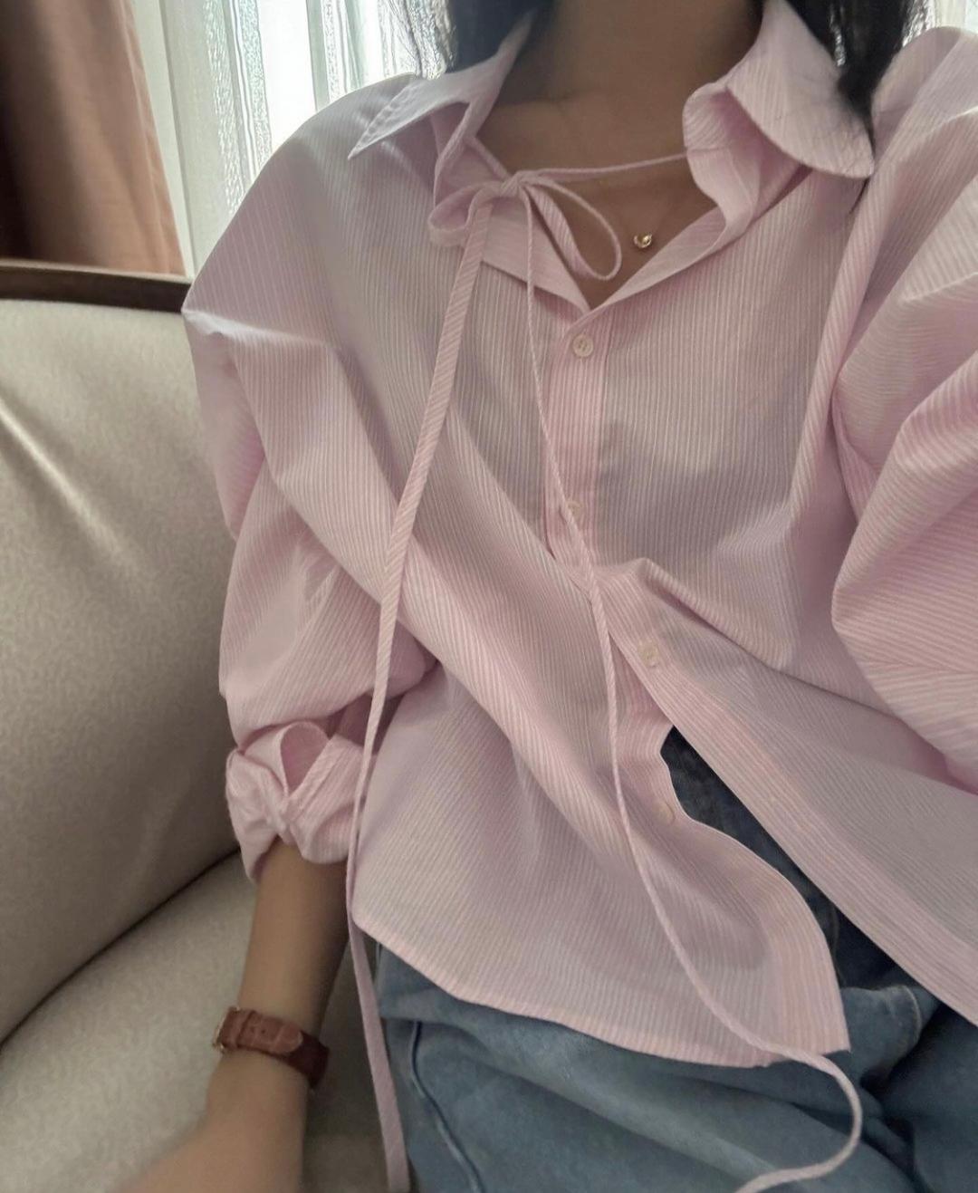 (핑,소당일)24ss 리본 오프 크롭 셔츠 코튼 스트라이프 크롭 셔츠(3color)