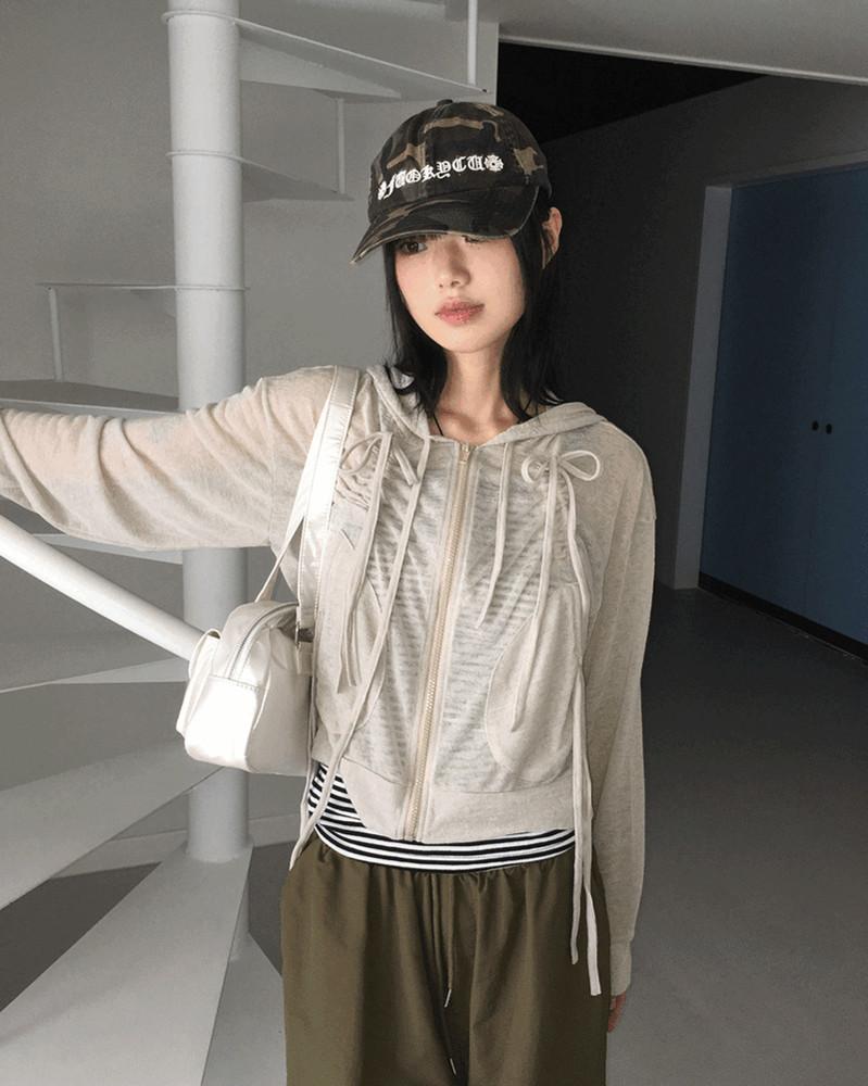 [살안타/비치룩] 베튼 셔링 스트링 린넨 시스루 후드 집업