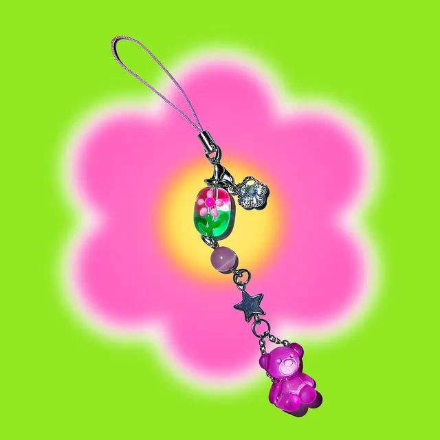 Pinky bear flower phone strap / 키치 핑크 곰돌이 플라워 키링 스트랩