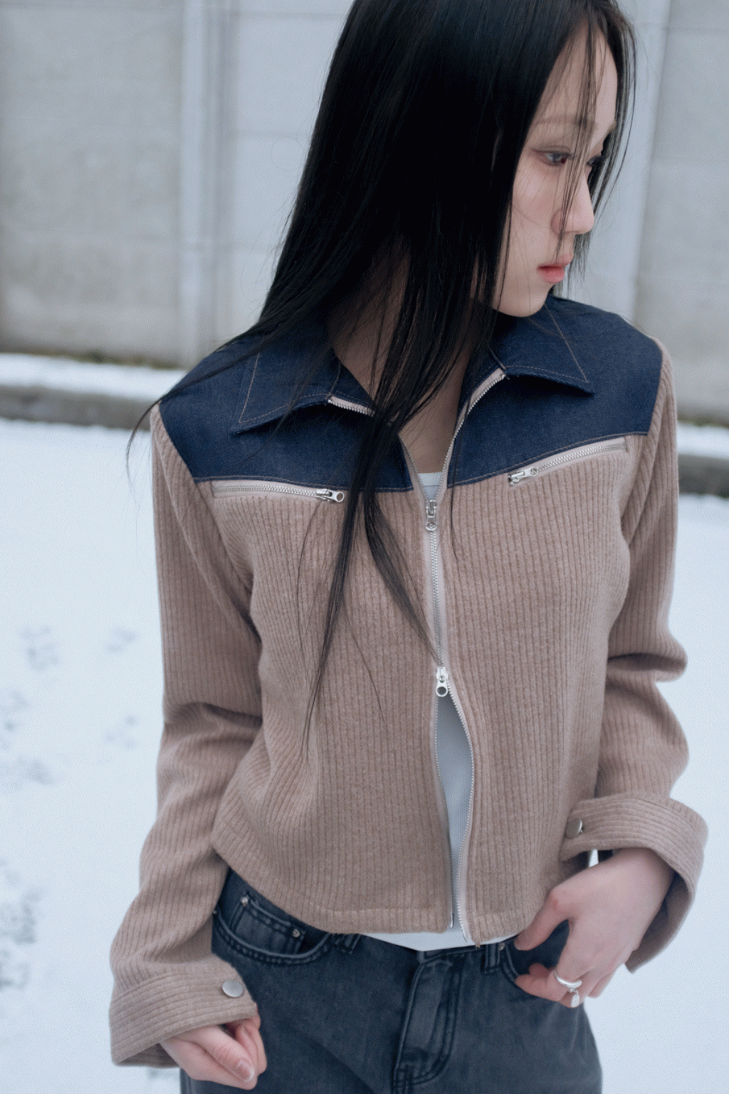 ribbed denim two-way jacket 2color