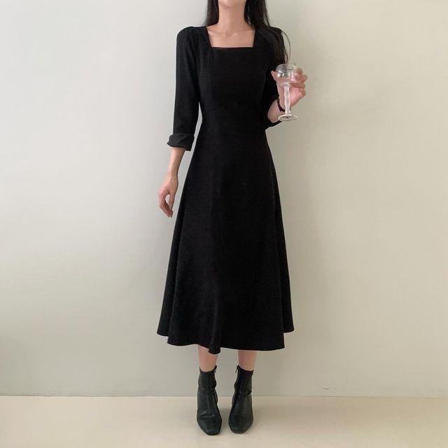 몽드 스퀘어넥 검정 롱 원피스 연말룩 하객룩 (3color)_빈야드