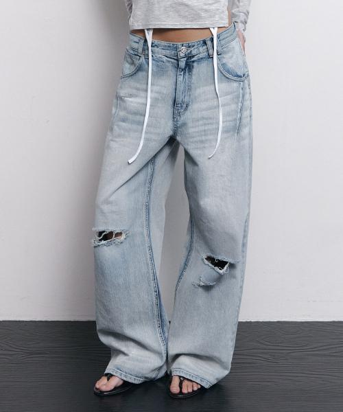 25Damaged Washing Wide Denim (Ice Blue)