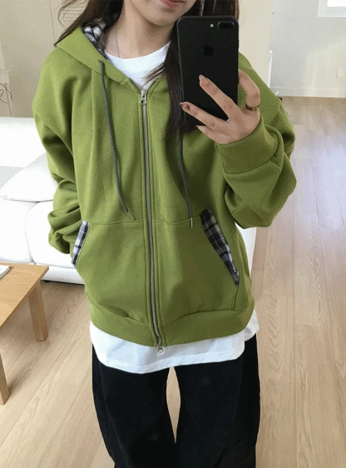 배티 체크 기모후드집업