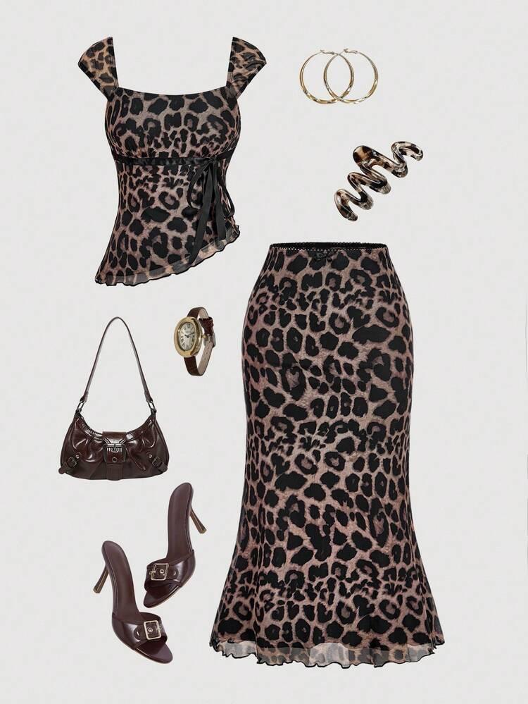SHEIN MOD 나비 매듭 레오파드 프린트 피티드 메시 탑 & 스커트 2피스 세트, 가을, 프렌치 스타일 의류, 테라스 칠, 글래머, 시크 가을, 가을 신상 여성, 올드 머니, 클래식, 레오파드 프린트 투피스, 투피스 스커트 세트, 레오파드 세트, 스커트 세트 여성
