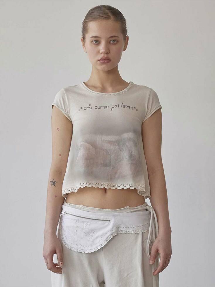 Lace Crop Baby Tee Nude Pink