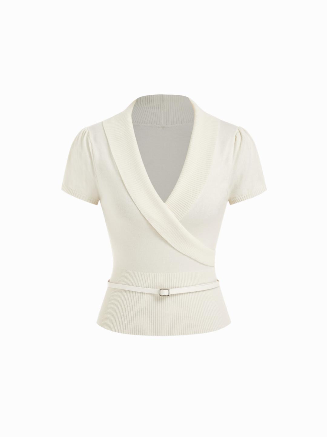 Knit V-neck Wrap Short Sleeve Top With Belt