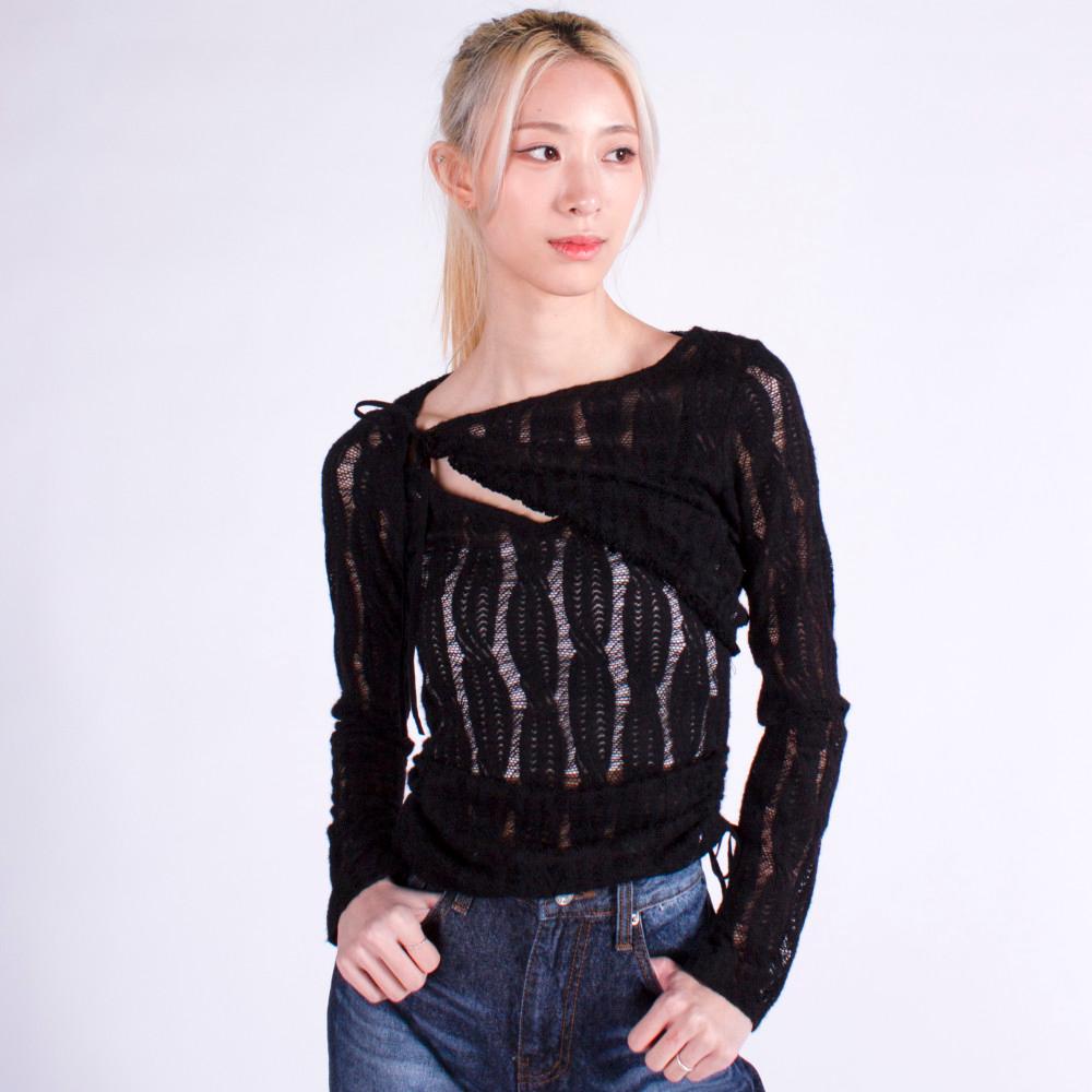 언발란스 스판 레이스 셔링 탑_블랙