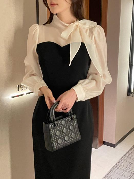 나는마리 멜라쥬 쉬폰 배색 타이 H라인 원피스