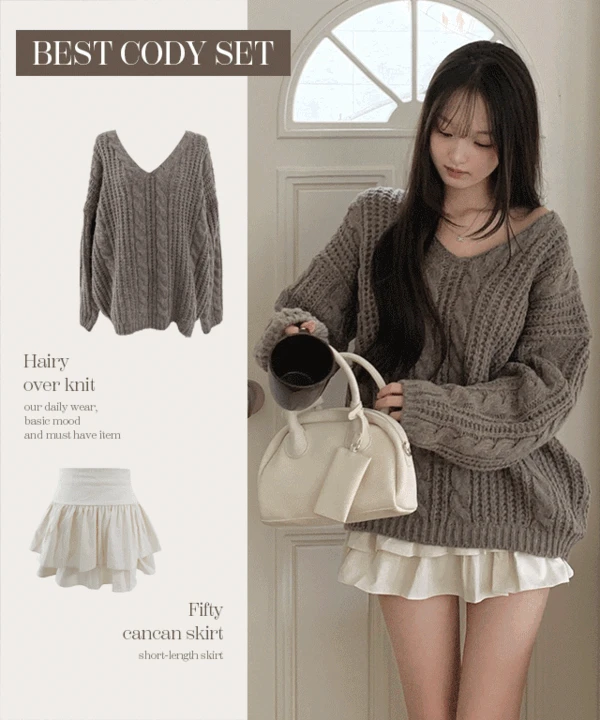 [ 인기코디 SET ] 윈디 꽈배기 루즈핏 니트+피프티 캉캉 미니 스커트