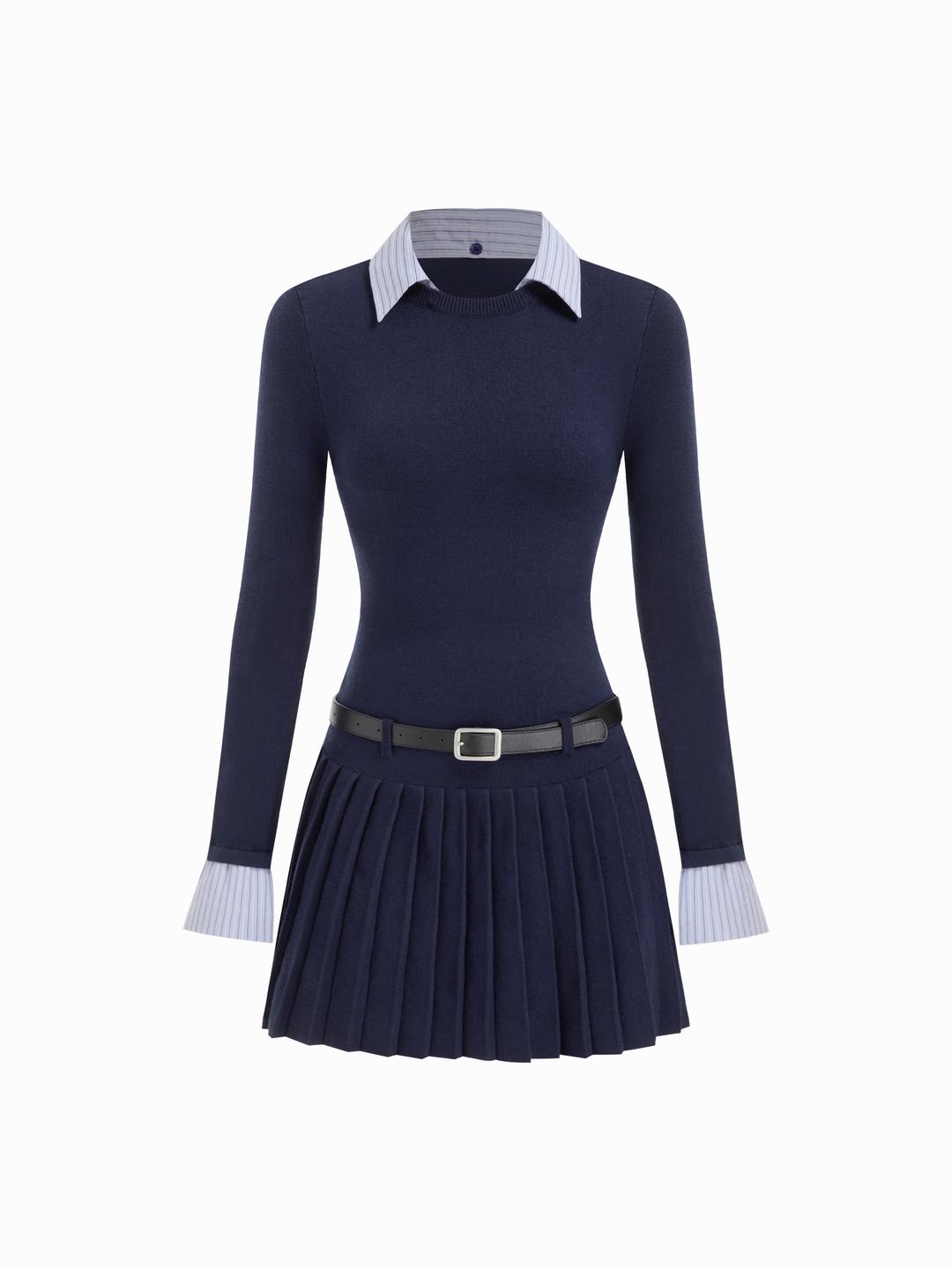 Knit Fabric Collar Belted Pleated Dress