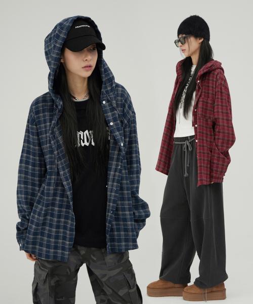 No.01 빈티지 너드 오버 후드 체크셔츠 4color