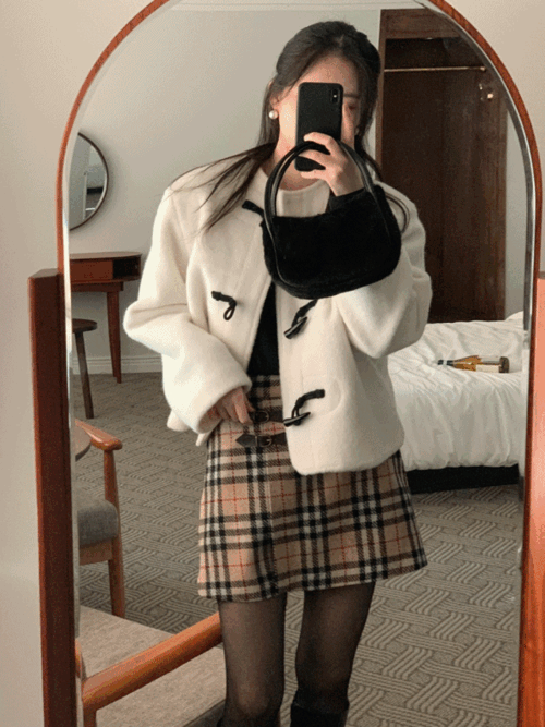 체크 버클 울 스커트