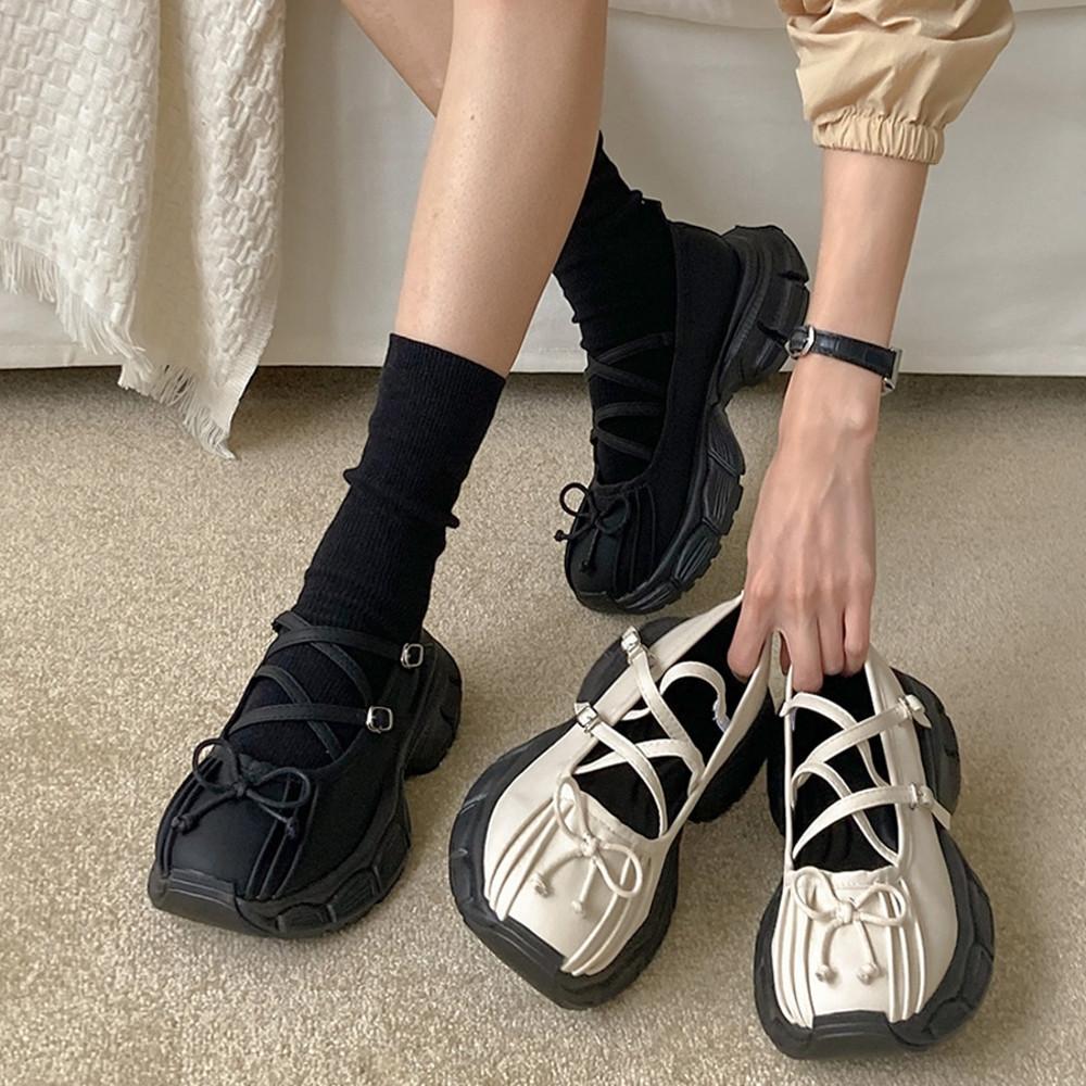 메리제인 발등 리본 버클스트랩 어글리 통굽 스니커즈 슈즈 (2color/4.5cm)