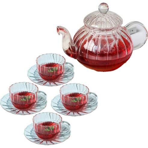 아카시아 플라워 티포트 + 찻잔 4p + 차받침 4p 세트 - 내열/유리주전자 | 쿠팡