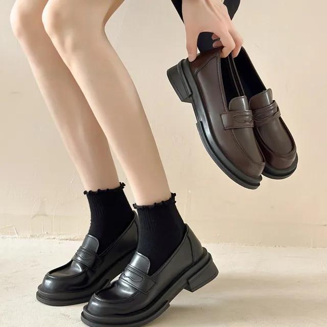 [자체제작] 심플 민자 부드럽고 발편한 통굽 로퍼 키높이 청키 여성 단화 ME60123