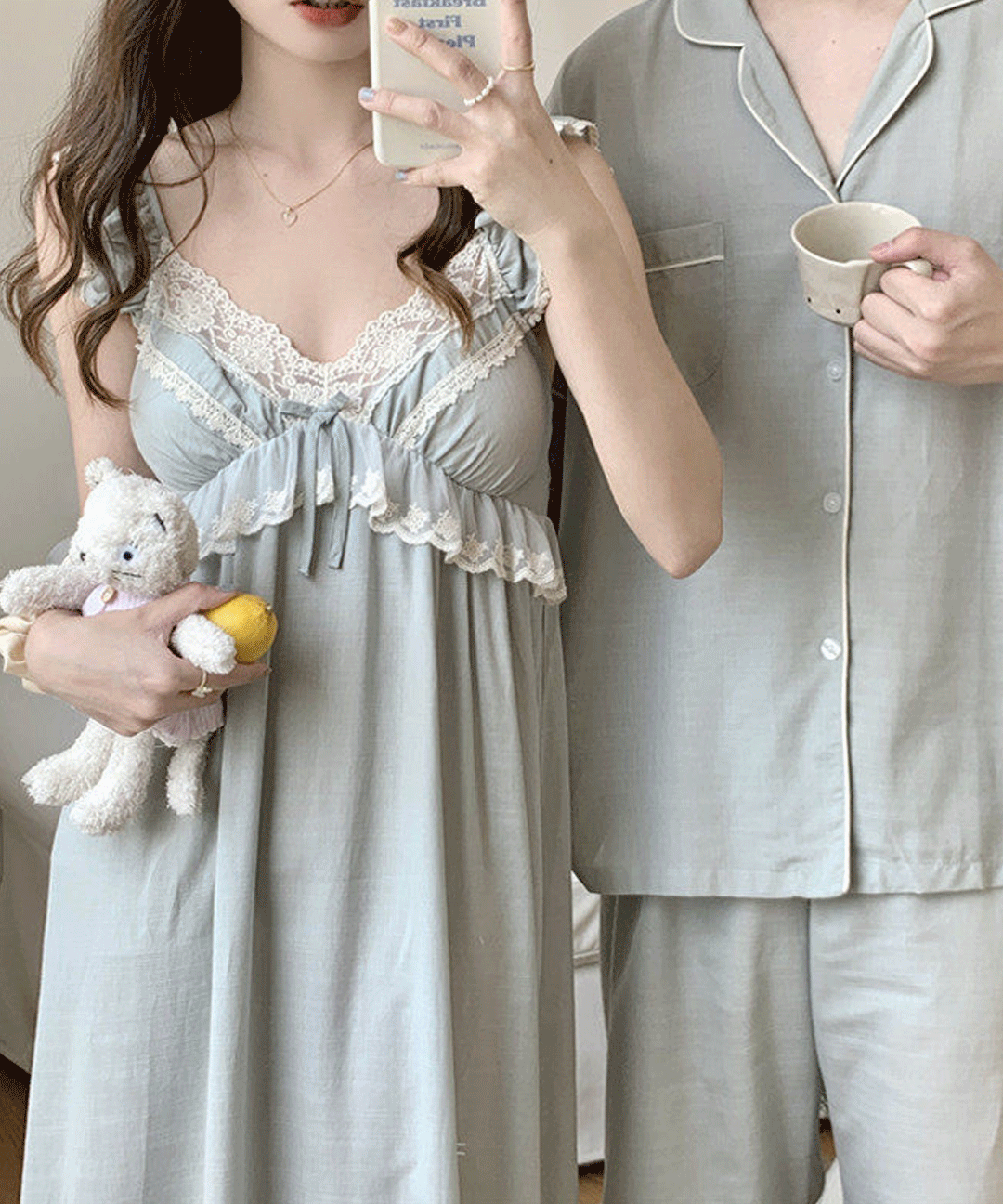 (커플)그레이스유 파자마 여름 시원 순면 잠옷 고급 레이스 나시 원피스 모던 심플