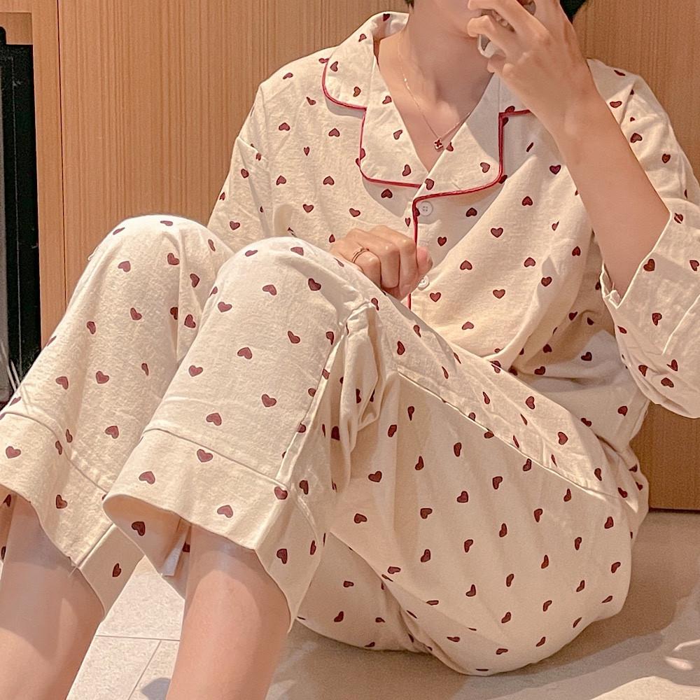 하트 기모 잠옷 겨울 긴팔 파자마 세트 투피스