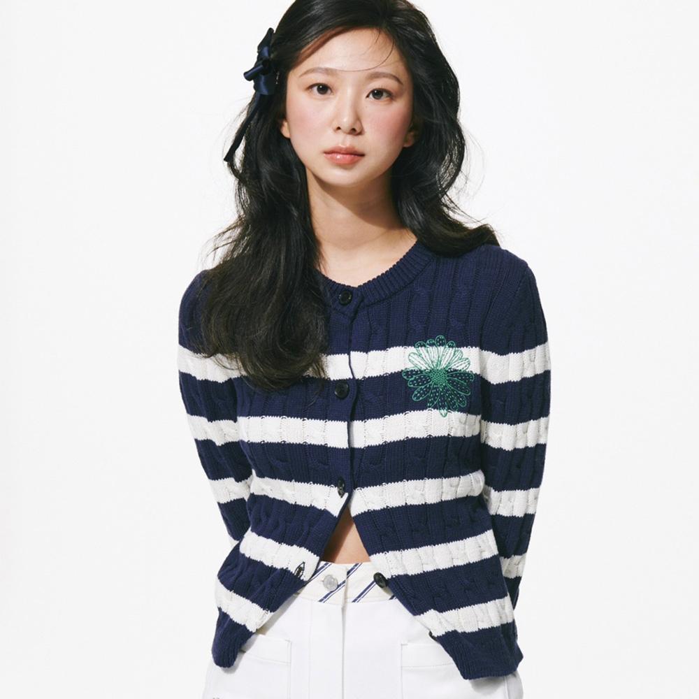 COTTON CARDIGAN ROUND NECK STRIPE_NAVY GREEN
