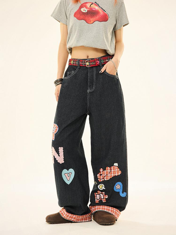 MAIKAO Cartoon Patch Curling Roll Up Straight Jeans
