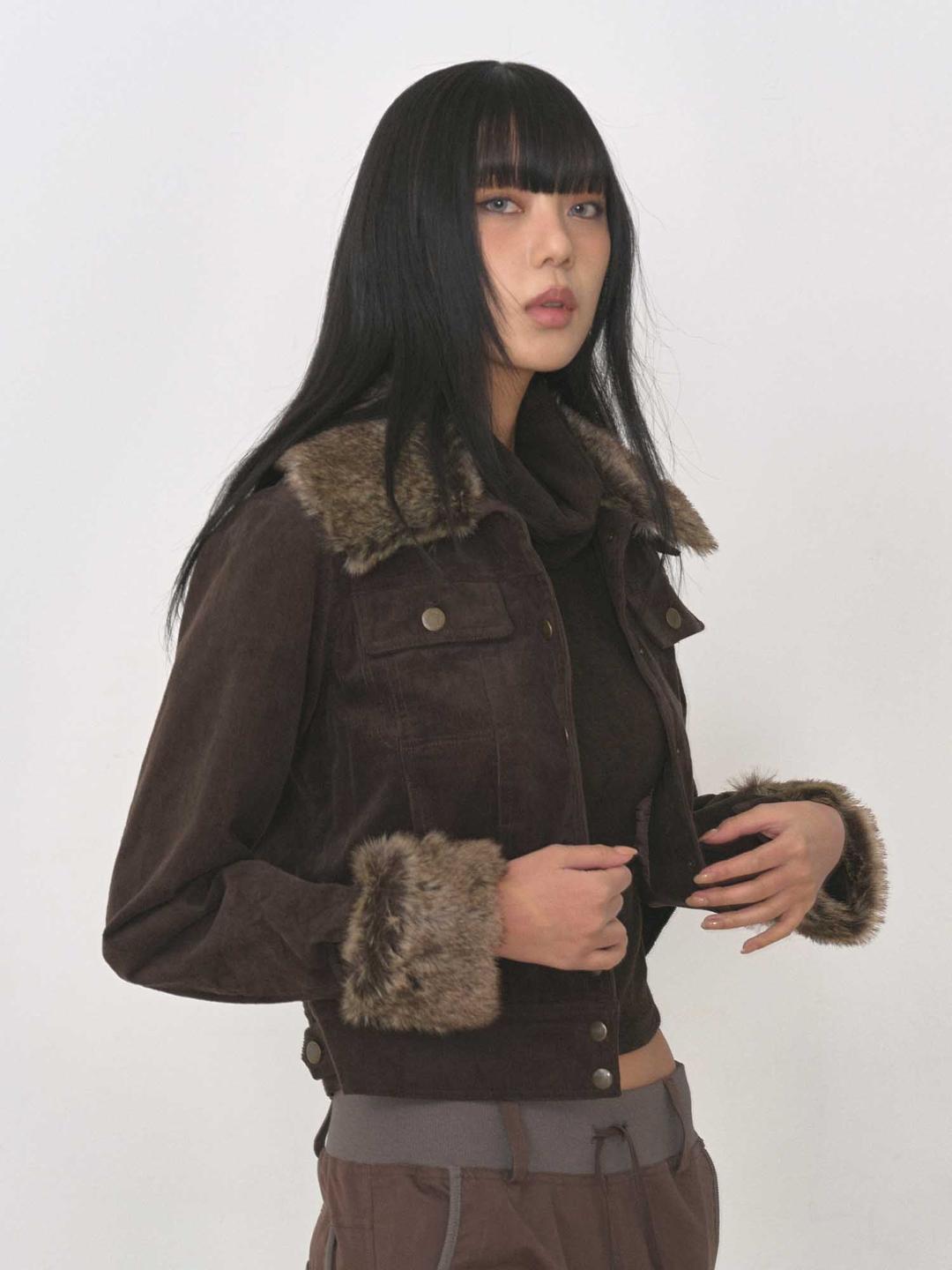 퍼카라 탈부착 골덴 자켓 - 초콜릿