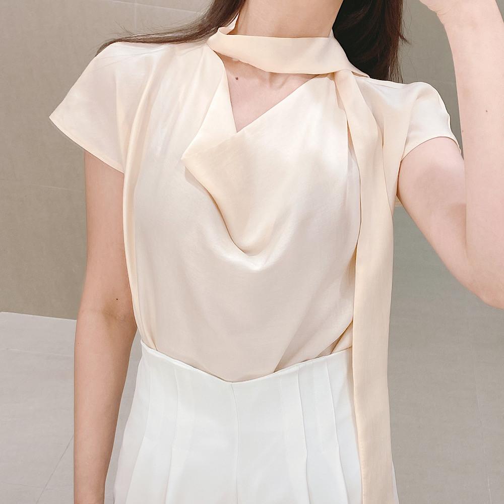 [무배] 드레이프 새틴 스카프 타이 실키 블라우스 3color