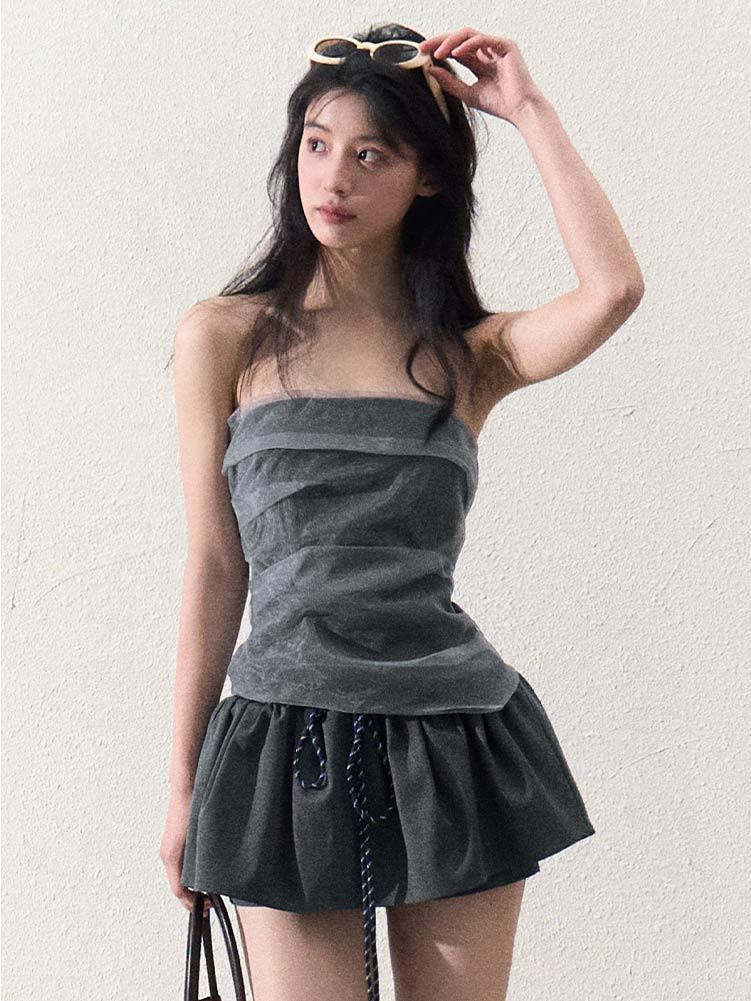 [OAK MOO] "Circular Journey\" Shirring Tube Top Pants Set (Top)