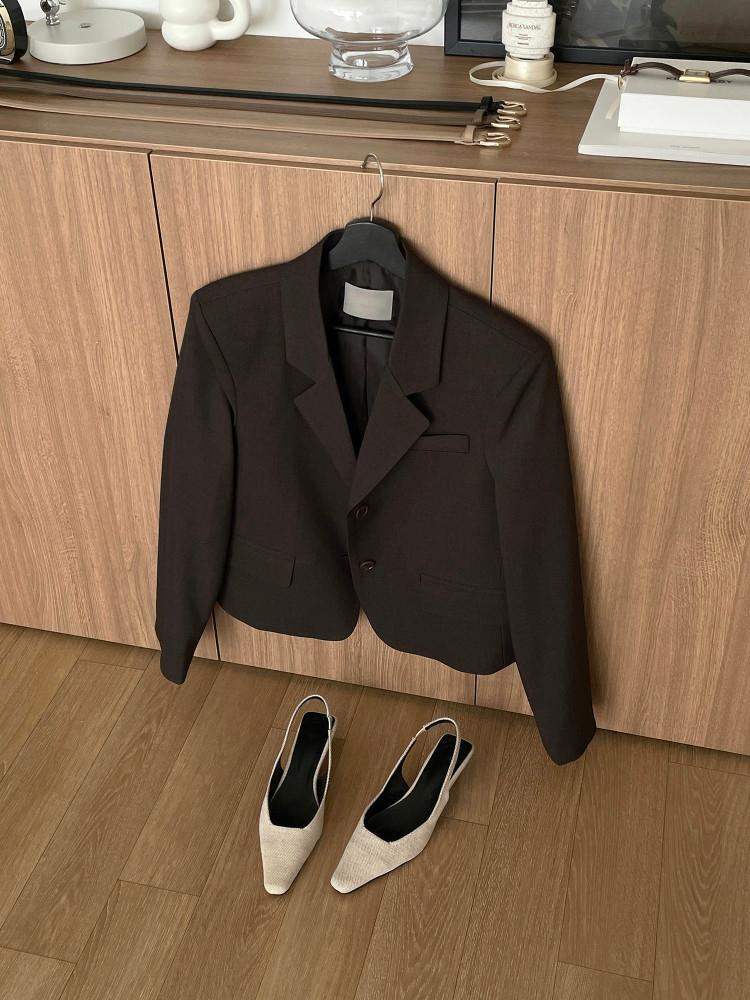 덴버 여성 봄 간절기 브라운 숏 크롭 싱글 카라 자켓