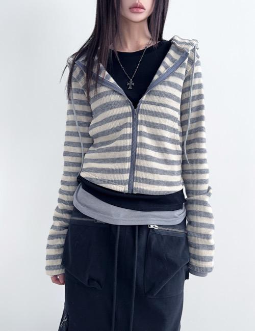 mild knit stripe hood zip up