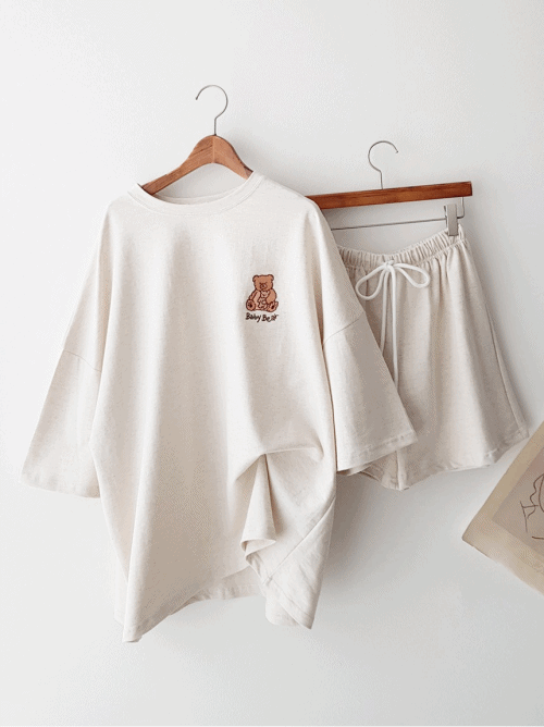 귀여워! 곰돌이 베어 자수 낙낙 박시핏 반팔 티셔츠 밴딩 숏팬츠 반바지 데일리 홈웨어 잠옷 트레이닝복 여름 추리닝 세트