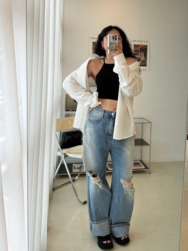 비커밍핏-3XL 찢청 와이드 데님 팬츠 66사이즈 77사이즈 빅사이즈 쇼핑몰