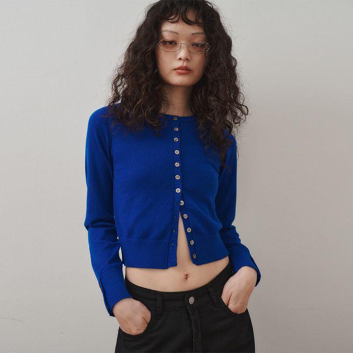 PETITE ROUND BUTTON CARDIGAN, BLUE