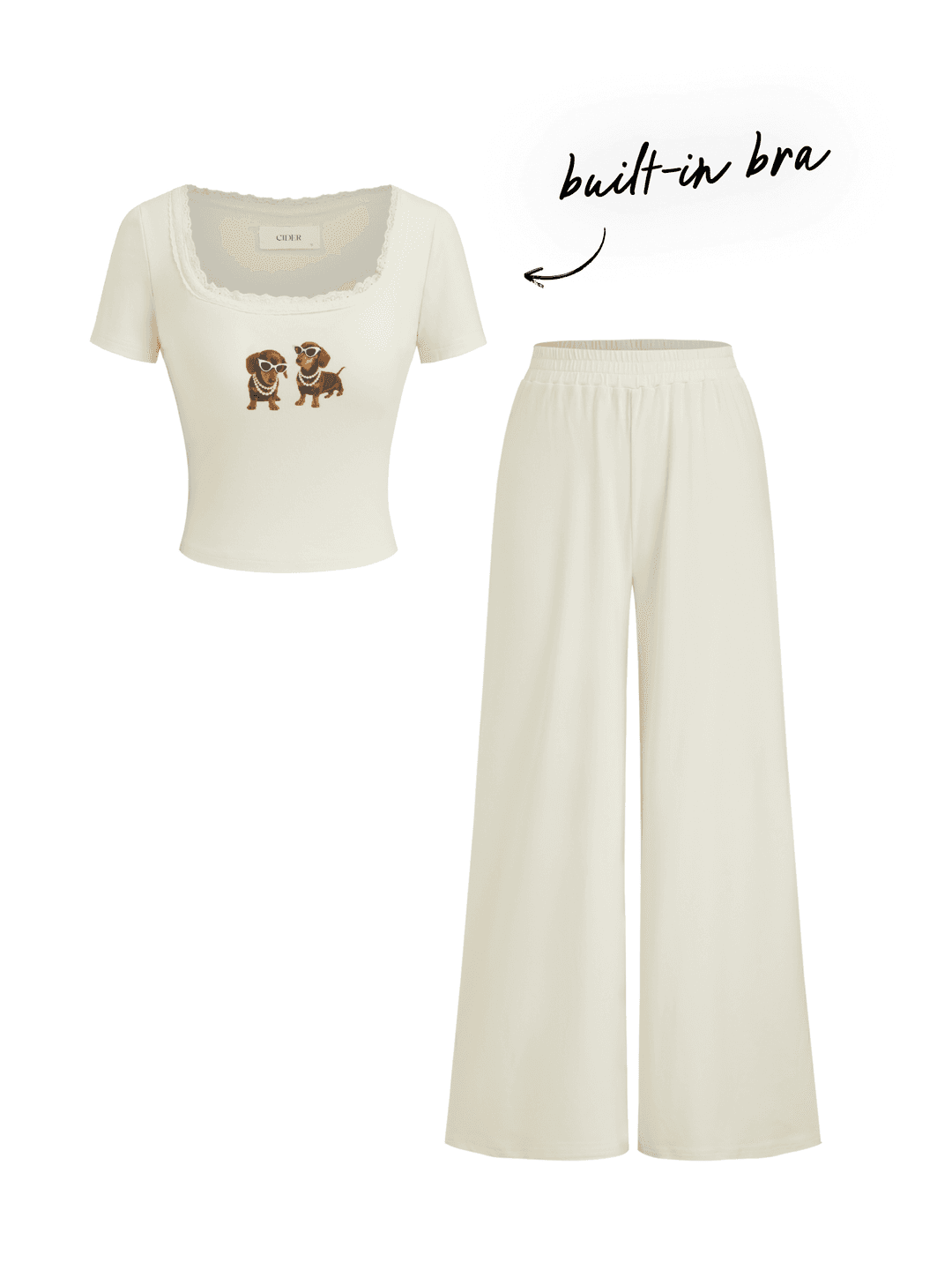 Built-in Bra Square Neck Dog Graphic Lace Trim Top & Mid Rise Trousers Loungewear Set