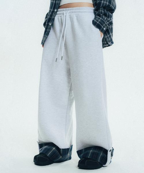 체크 롤업 스웻 팬츠_화이트메란지