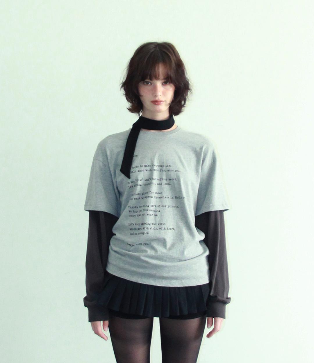 CONTRAST LAYERED SLEEVE T-SHIRT (MELANGE GREY & CHARCOAL)