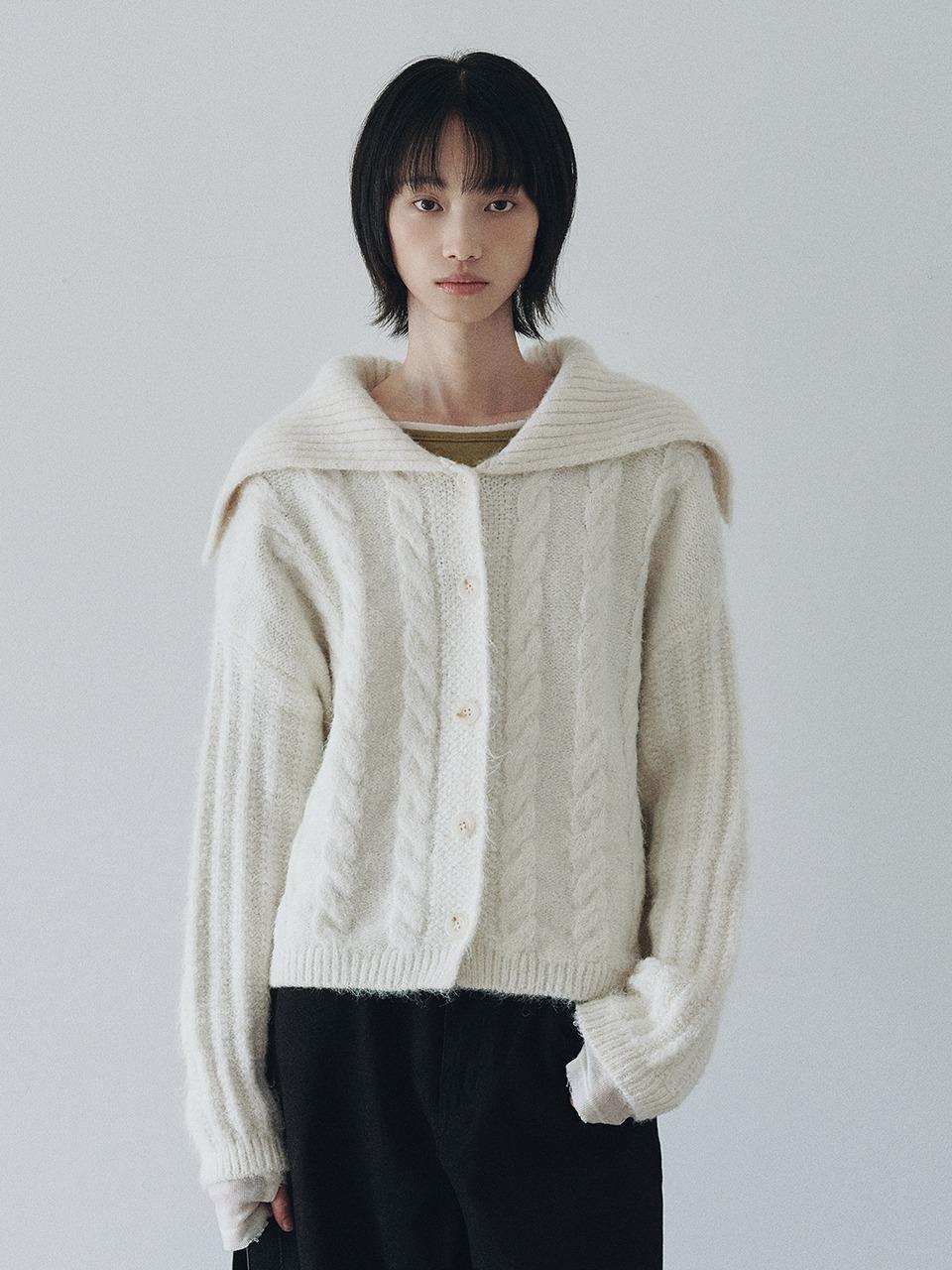 Sailor Collar Wool Knit Cardigan (Ivory)