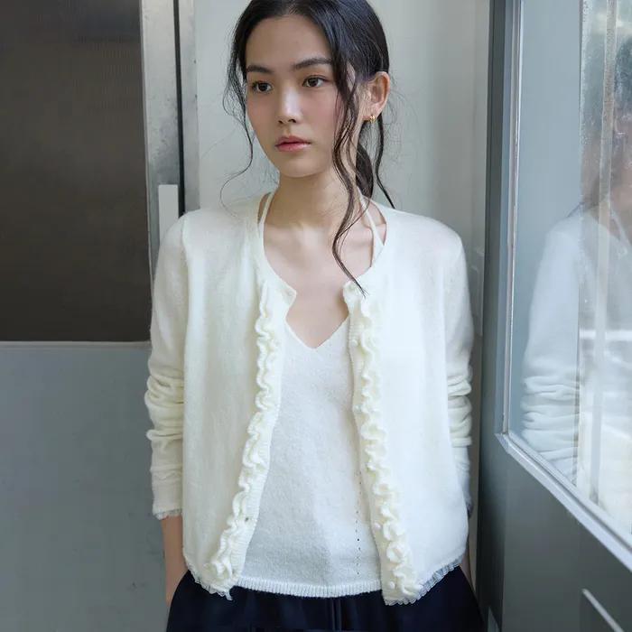 Lace Ruffle Cardigan Set Ivory