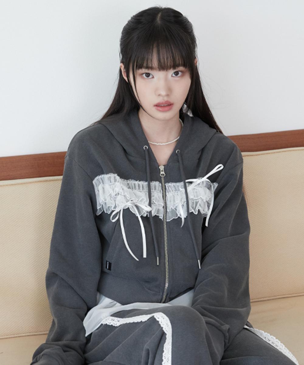 LACE RIBBON PIGMENT HOODY (CHARCOAL)
