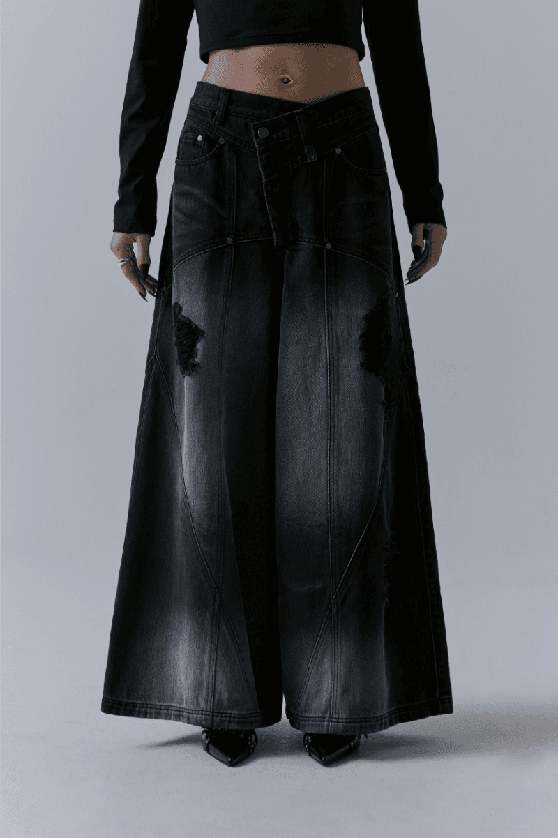 Damaged Over Wide Denim Pants [ Black ]