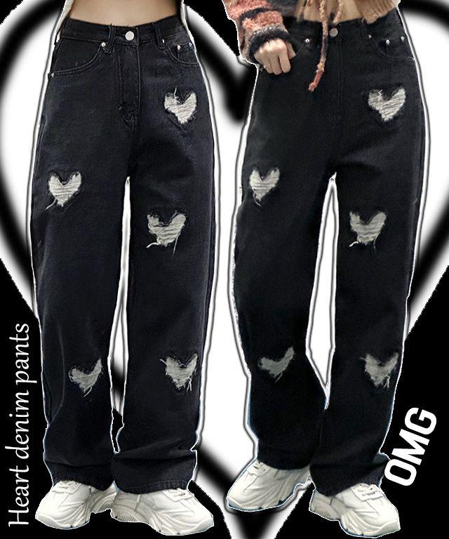 Heart damage black jeans denim pants destroy 하트 디스트로이 찢청 데님 팬츠 유니크 청바지 롱팬츠 흑청 스트릿 키치 빈티지 바지_아담드리