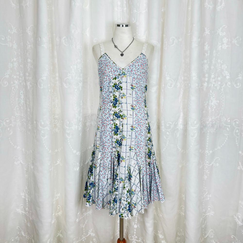 [중고] 1647 하늘색 플라워 패턴 패치워크 끈원피스