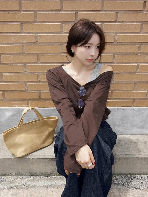 프렌치오브 [가을신상][원숄더/여리핏]코스터 원숄더 루즈핏 가을 티셔츠 (5color)