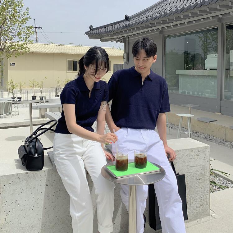 여름 시밀러룩 제주도 신혼여행코디 커플 카라 반팔 니트 티셔츠