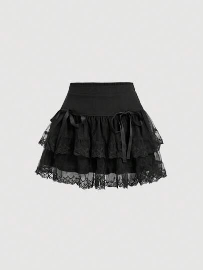 SHEIN MOD 여성용 리본 장식 메쉬 멀티레이어 스커트
