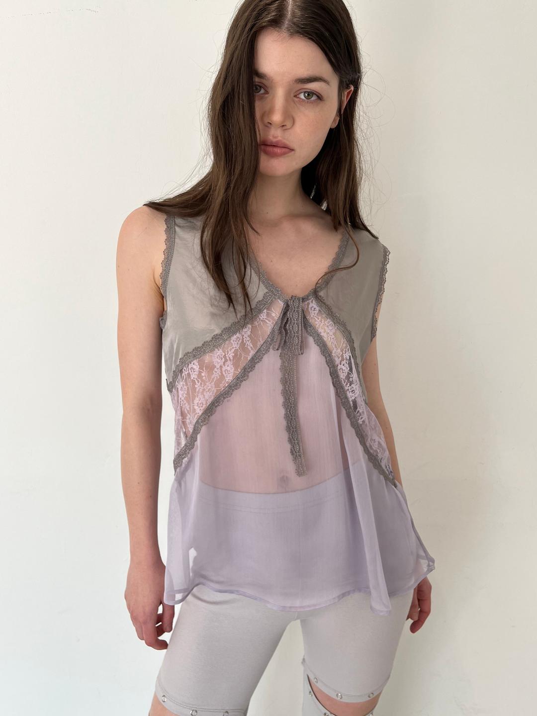 [*5/16 예약배송] Mixed Satin, Lace, and Chiffon Camisole (Pale purple)