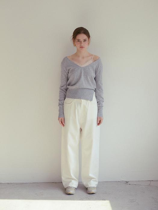 LACE SLIP V NECK KNIT_GREY