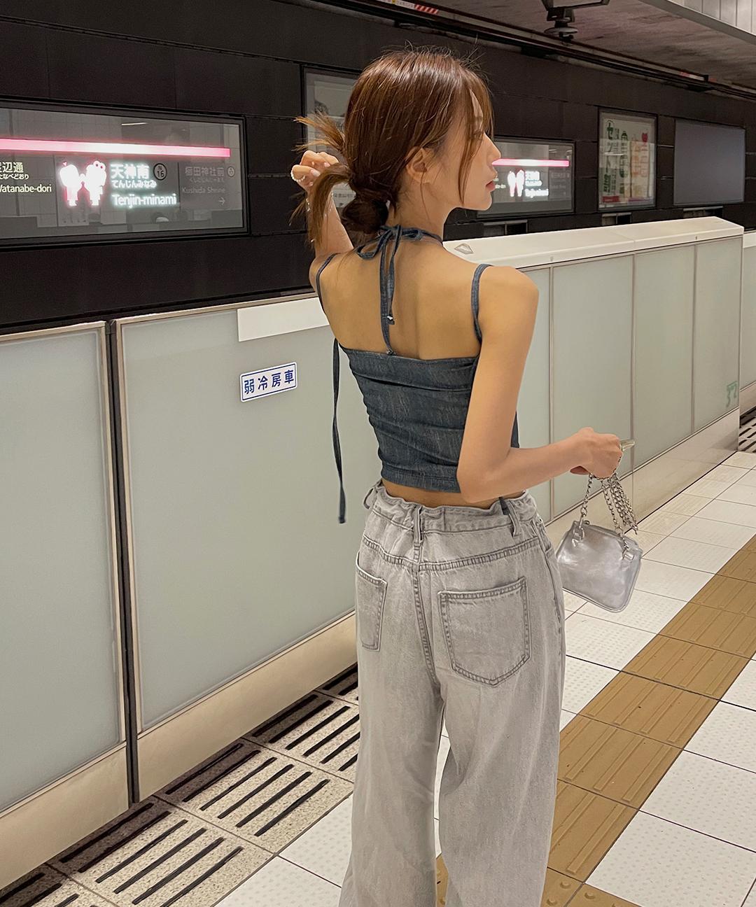 비치웨어 스윔웨어 스트랩 데님 튜브탑 데님탑 끈 나시 탑