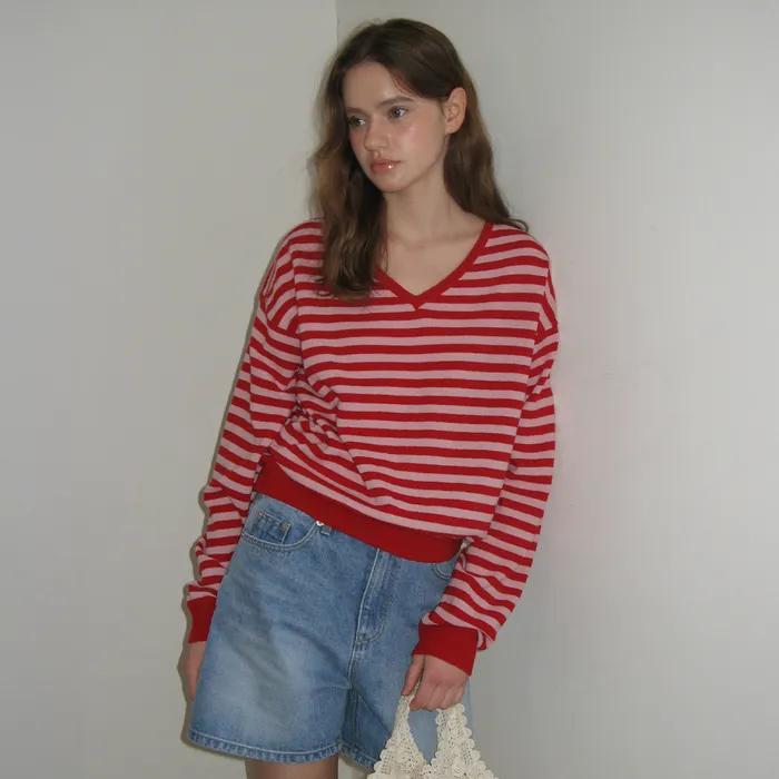 Pokey Stripe V-Neck Knit - Red