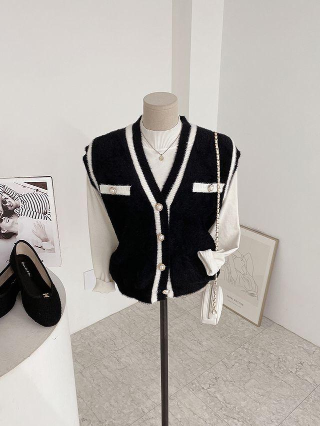 텔핏 앙고라 진주버튼 라인 배색 조끼(2color)